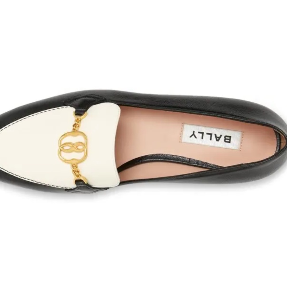Bally Women's Black and White Loafers with Gold Detail